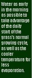 Text Box: Water as early in the morning as possible to take advantage of the daily start of the grasss normal growing cycle, as well as the cooler temperature for less evaporation.