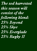 Text Box: The sod harvested this season will consist of the following blend:25% Beyond25% Skye25% Everglade25% Rugby II